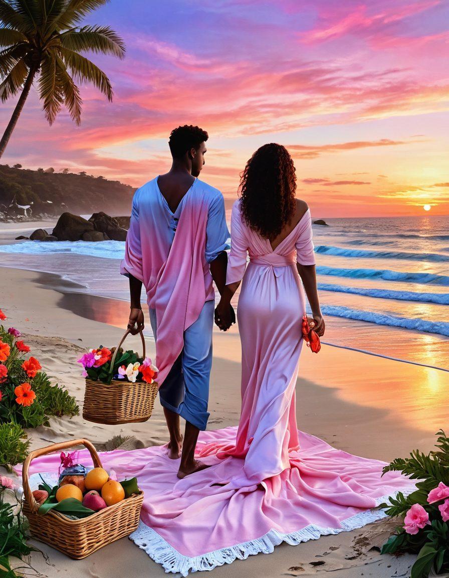 A serene beach at sunset, with a couple holding hands while wearing stylish coastal attire, surrounded by vibrant tropical flowers. Include elements like a cozy beach blanket, a picnic basket filled with fruit, and soft waves gently lapping at their feet. The sky is painted in hues of pink and orange, reflecting romance and tranquility. super-realistic. vibrant colors. tranquil beach setting.