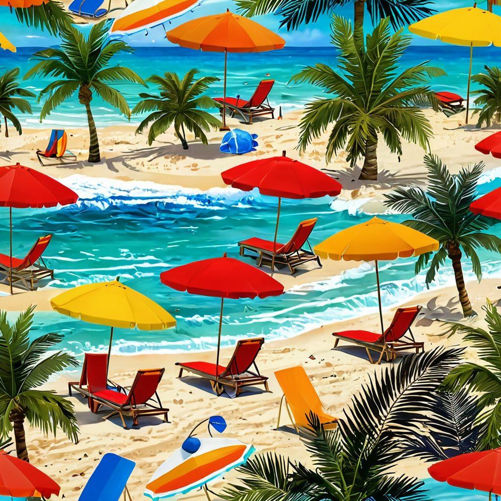 A vibrant beach scene showcasing sun-kissed sandy shores filled with sunbathers in colorful, stylish swimwear. Include palm trees swaying in the breeze, beach umbrellas, and waves gently lapping at the shore, creating a lively atmosphere. Add a hint of tropical drinks and beach accessories to evoke a chic lifestyle vibe. super-realistic. vibrant colors. cheerful ambiance.
